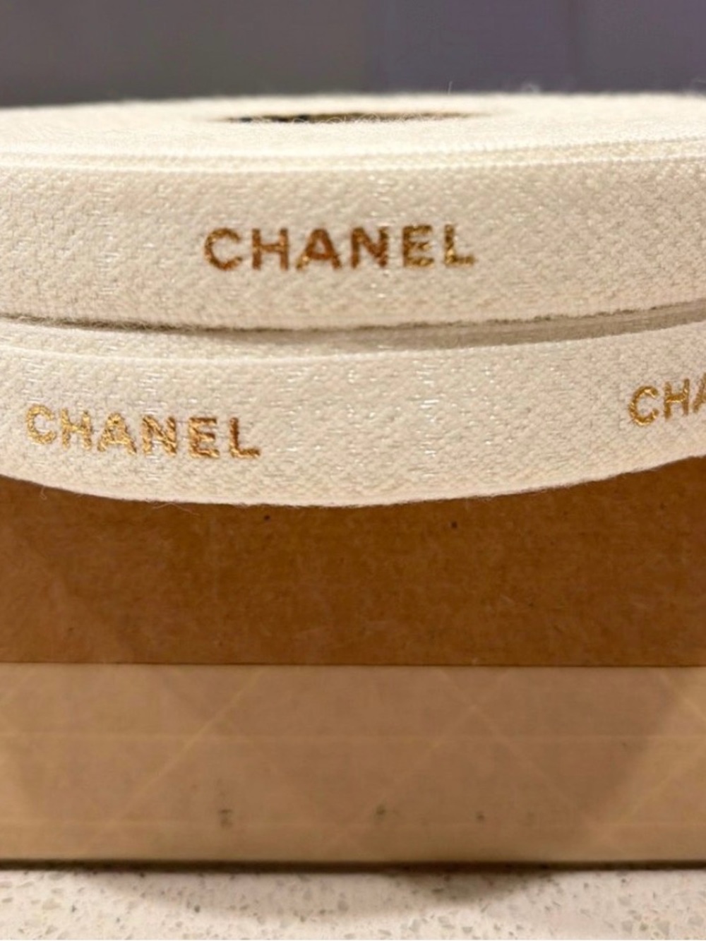 CHANEL Cream Velvet Ribbon with Gold Logo - Women Accessories